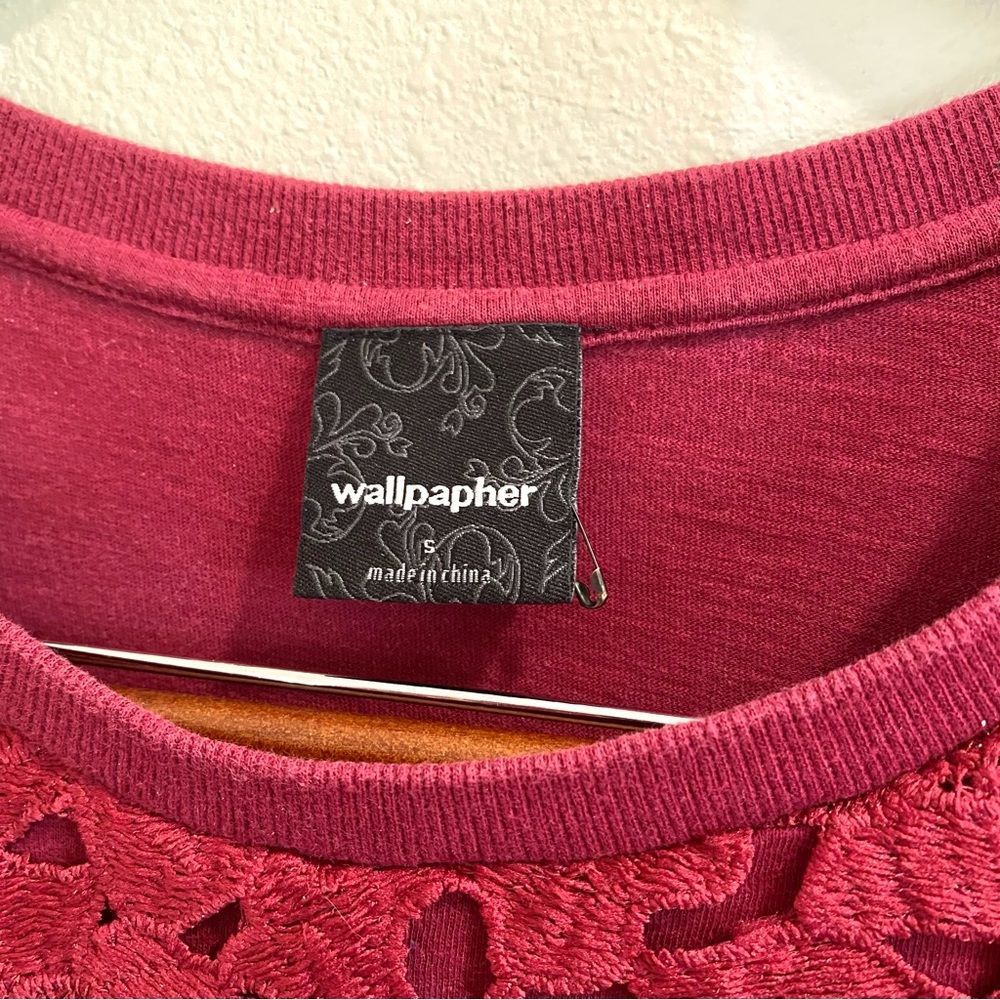 Wallpapher Cranberry Top Crochet Lace Detail Popover 3/4 Sleeve Burgundy - Picture 4 of 5